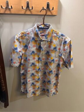 johnnie-O Light Blue Short-Sleeve Tropical Palm Print Shirt